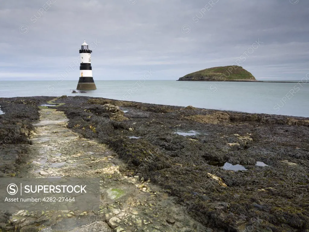 Wales, Anglesey, Penmon Point. Penmon Lighthouse and Puffin Island. The island is designated a Special Protection Area on account of its large cormorant population.