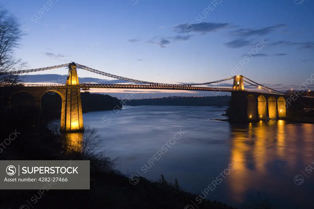 Wales, Gwynedd, Bangor. The Menai Suspension Bridge, one of the first modern suspension bridges in the world, linking the island of Anglesey with mainland Wales.