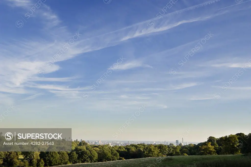 England, London, Hampstead. View of London city skyline from Hampstead Heath.