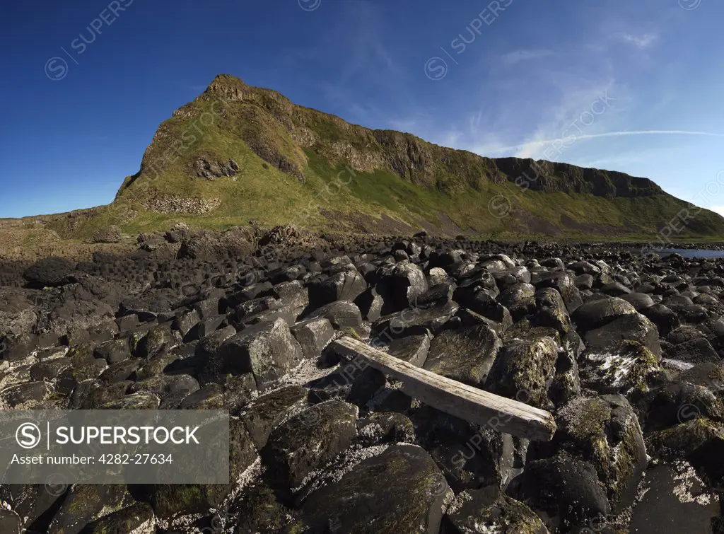 Northern Ireland, County Antrim, Giants Causeway. Driftwood on the interlocking basalt columns of the Giants Causeway,  a World Heritage Site and National Nature Reserve.