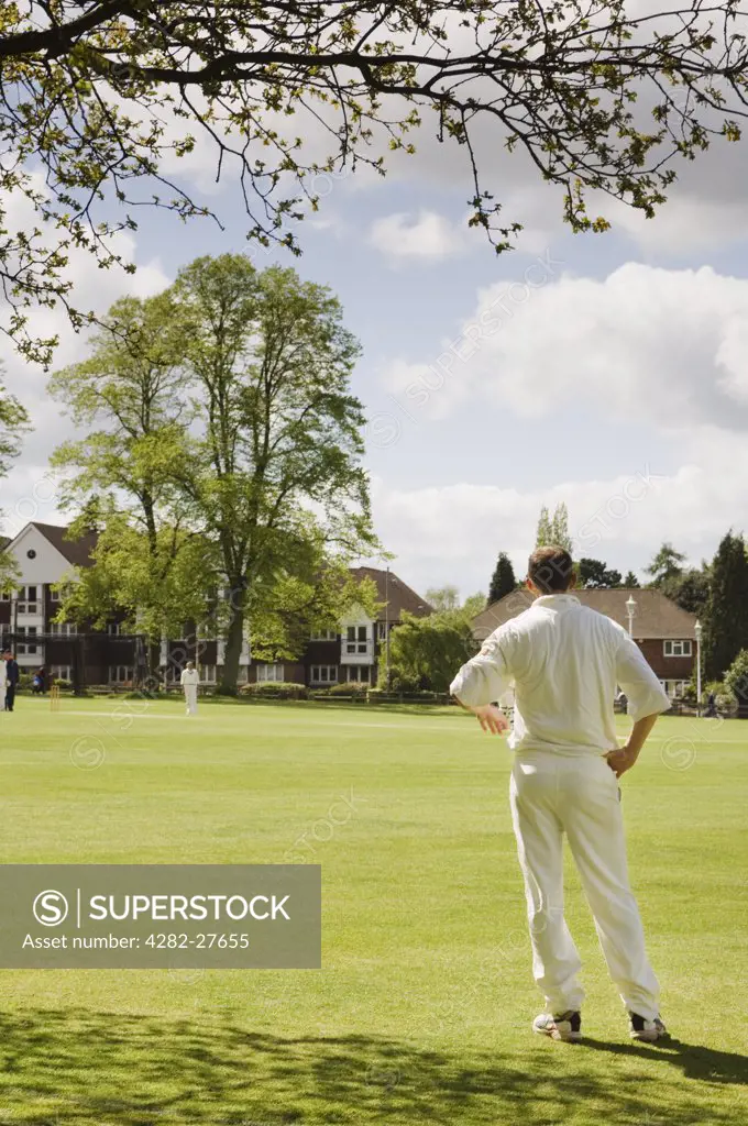 England, Kent, Sevenoaks. A cricketer fielding by the boundary on the Vine Cricket Ground in Sevenoaks.