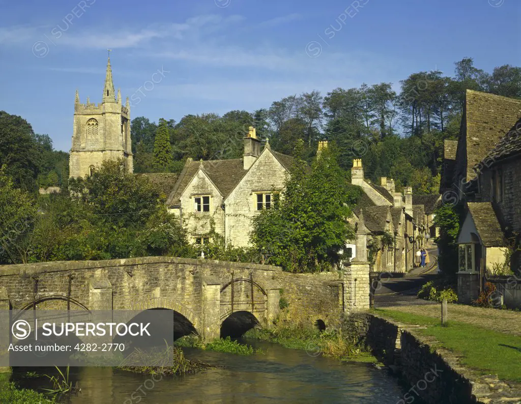 England, Wiltshire, Castle Combe. A view of Castle Combe.