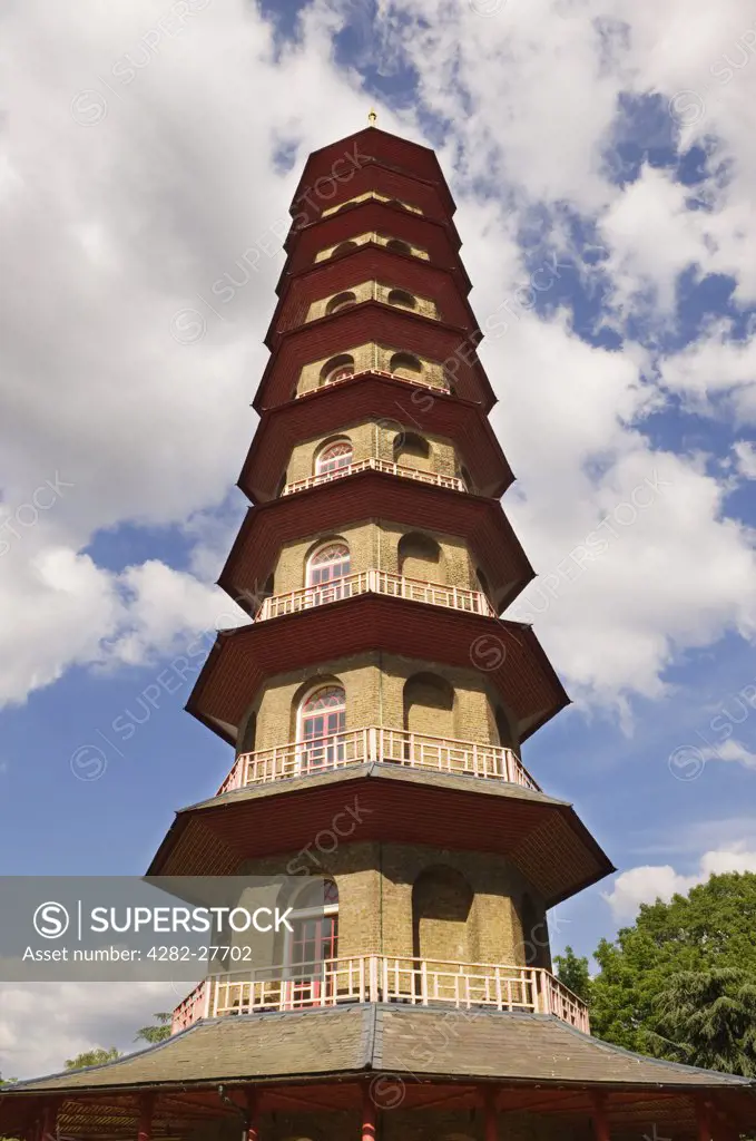 England, London, Kew Gardens. The Pagoda, a ten-storey octagonal structure completed in 1762, in Kew Gardens.