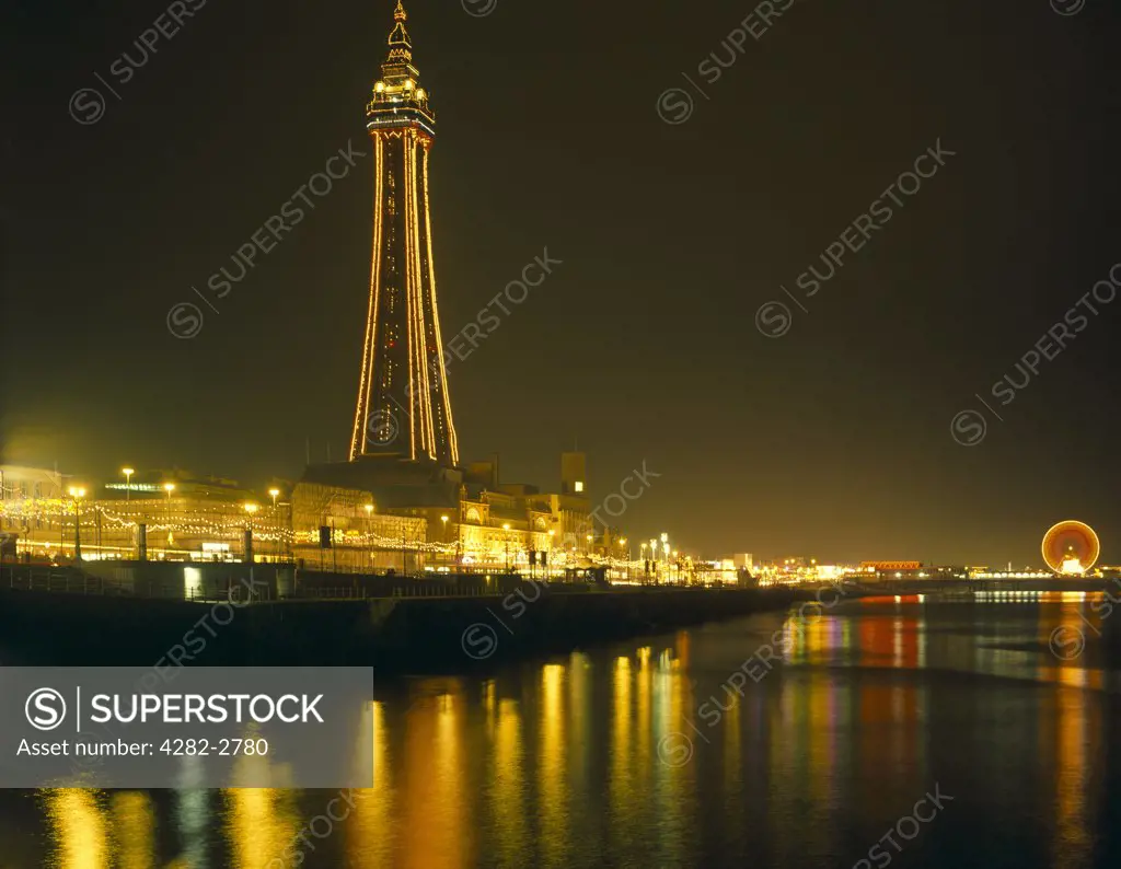 England, Lancashire, Blackpool. Evening light on the tower at Blackpool taken from the North pier.