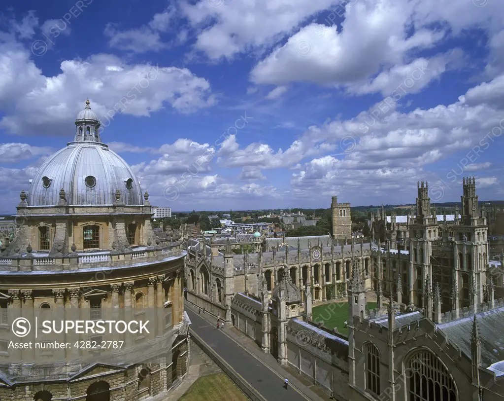 England, Oxfordshire, Oxford. All Soul's college and Radcliffe Camera from St. Mary's church tower.