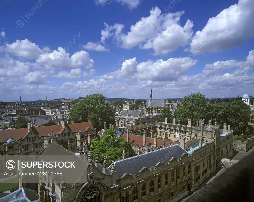 England, Oxfordshire, Oxford. Radcliffe Camera and All Soul's college from St. Mary's church tower.