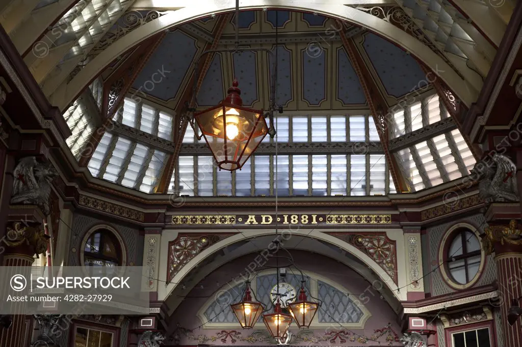 England, London, Leadenhall Market. The vaulted ceiling of Leadenhall Market. The market was used to represent the area of London near The Leaky Cauldron and Diagon Alley in the film Harry Potter and the Philosopher's Stone.