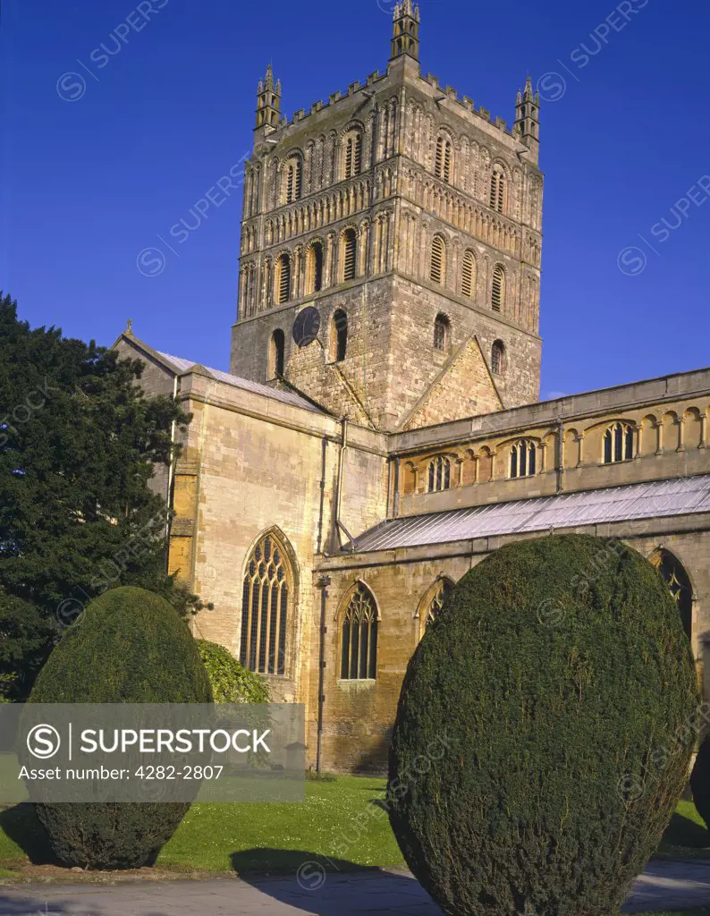 England, Gloucestershire, Tewkesbury. A view to Tewkesbury Abbey.