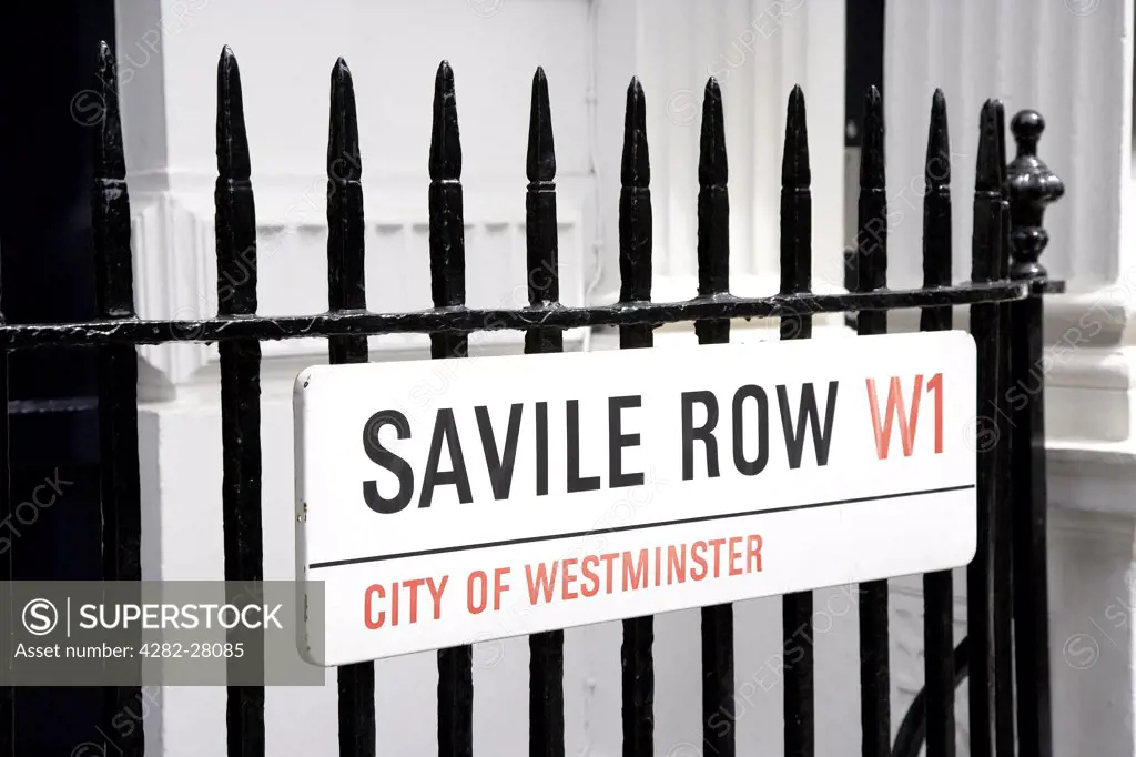 England, London, Mayfair. A close up of a Saville Row street sign in  the West End.