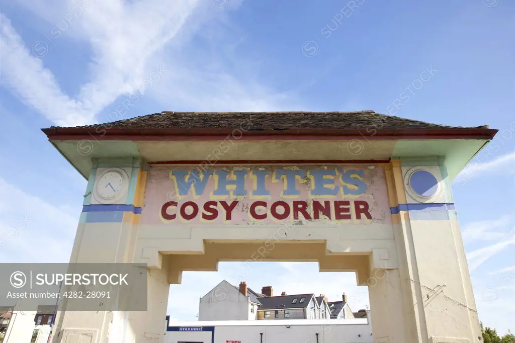 Wales, Vale of Glamorgan, Barry Island. A view of Whites Cosy Corner archway at the Barry Island Pleasure Beach in Glamorgan.