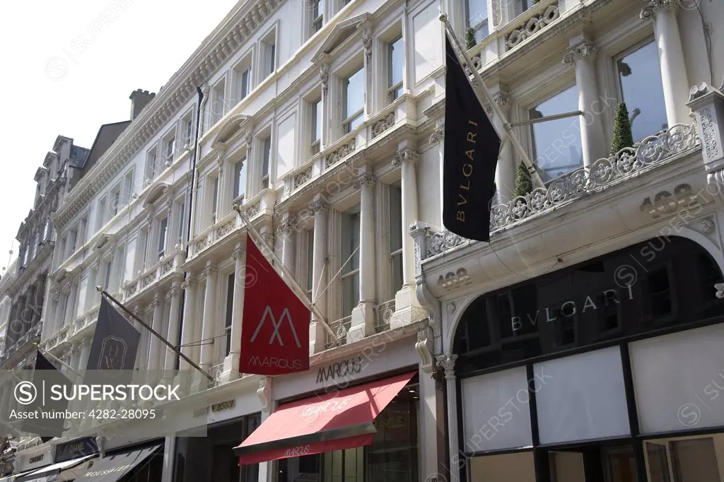 England, London, Bond Street. Exterior view of prestige shop fronts on Bond Street in London.