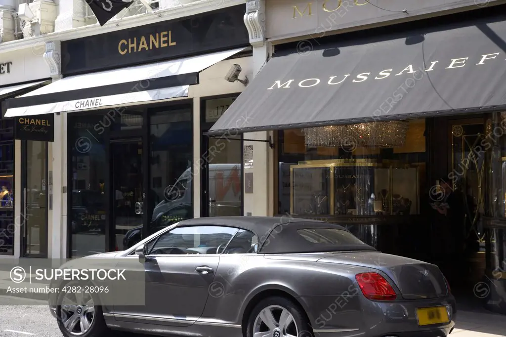 England, London, Bond Street. Exterior view of prestige shop fronts on Bond Street in London.