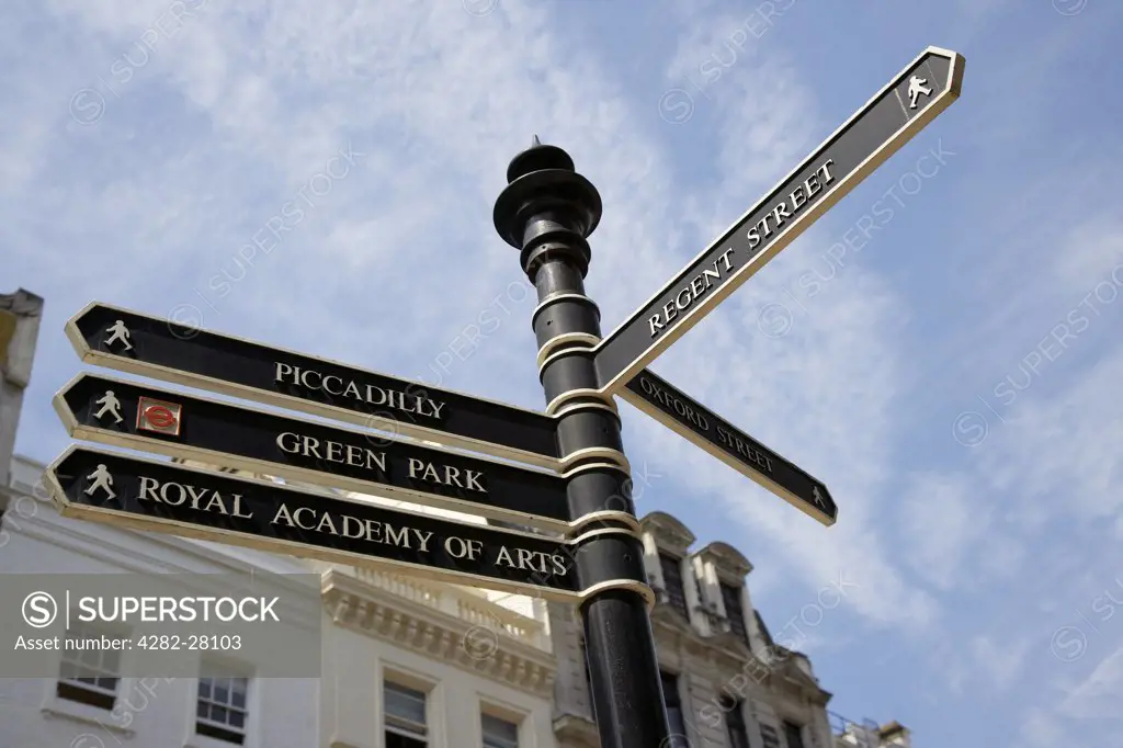 England, London, Bond Street. A street sign with directions at New Bond  Street in London.
