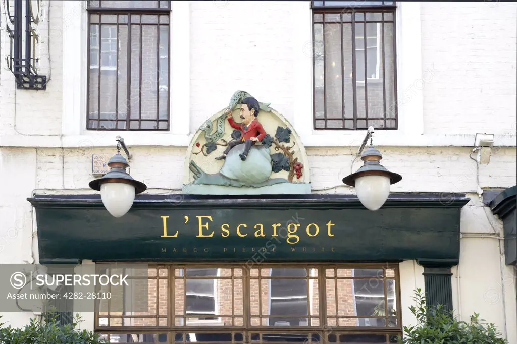 England, London, Soho. Exterior view of the front of L'Escargot  restaurant in Soho.