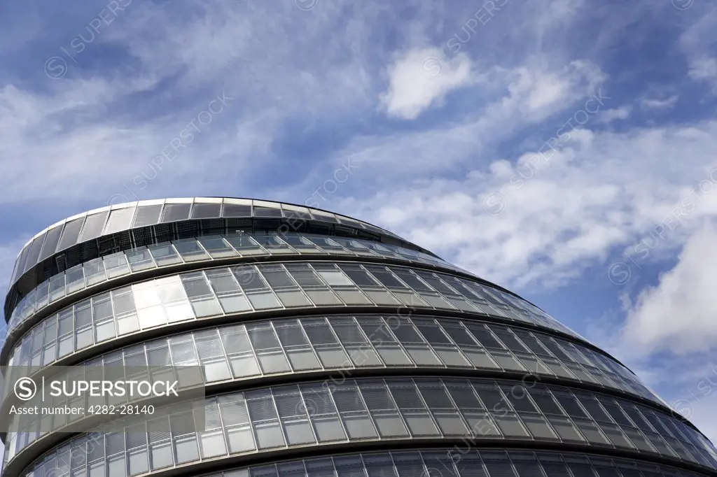 England, London, Southwark. The modern exterior of City Hall on the south bank of the River Thames.