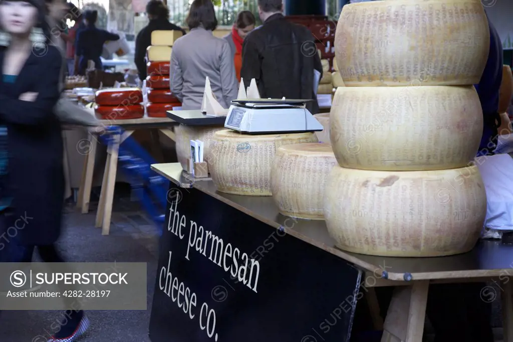 England, London, Borough Market. A cheese stall at Borough Market.