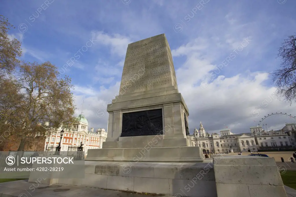 England, London, Westminster. The War Memorial at St James Park with Horse Guards Parade in the background.