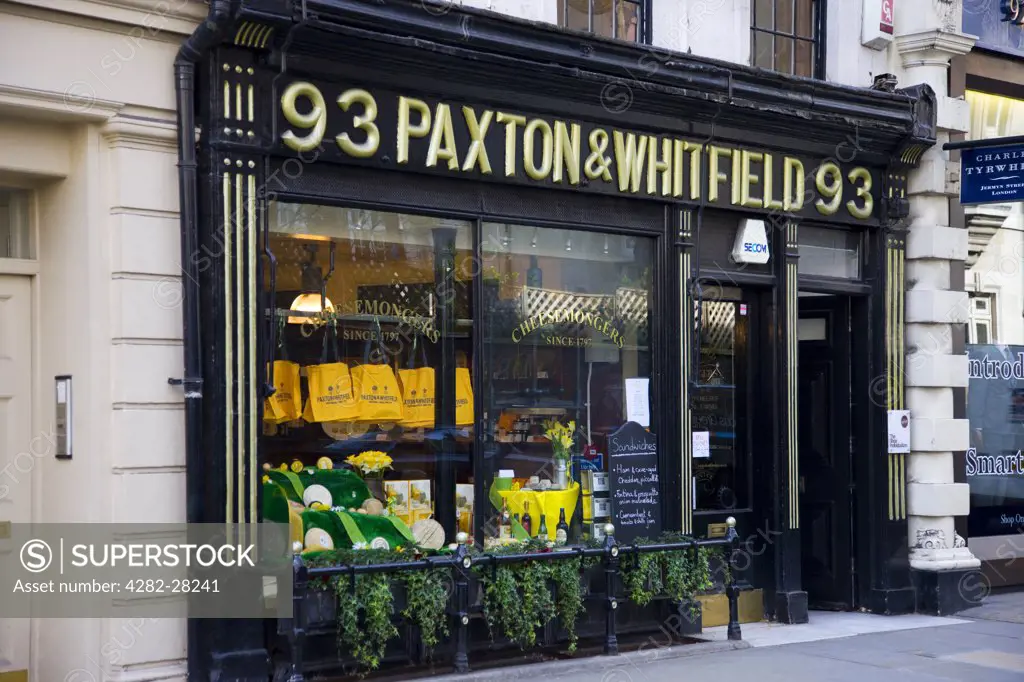 England, London, City of Westminster. The facade of Paxton and Whitefield traditional cheese mongers in the City of Westminster.