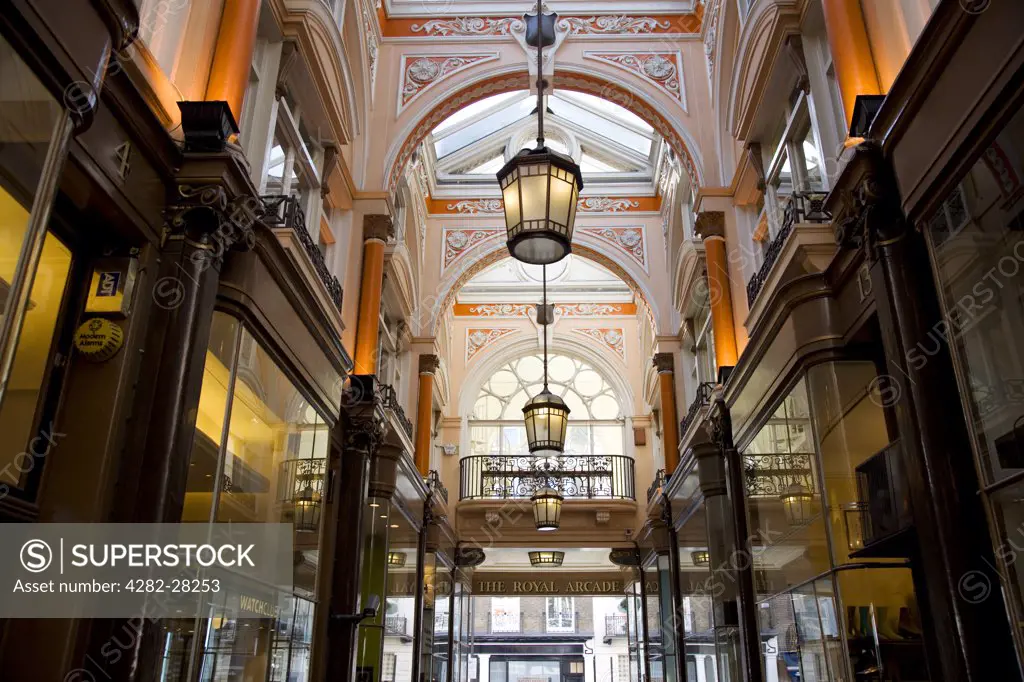 England, London, Old Bond Street. The elegant interior of the Royal Arcade shopping centre in Old Bond Street.