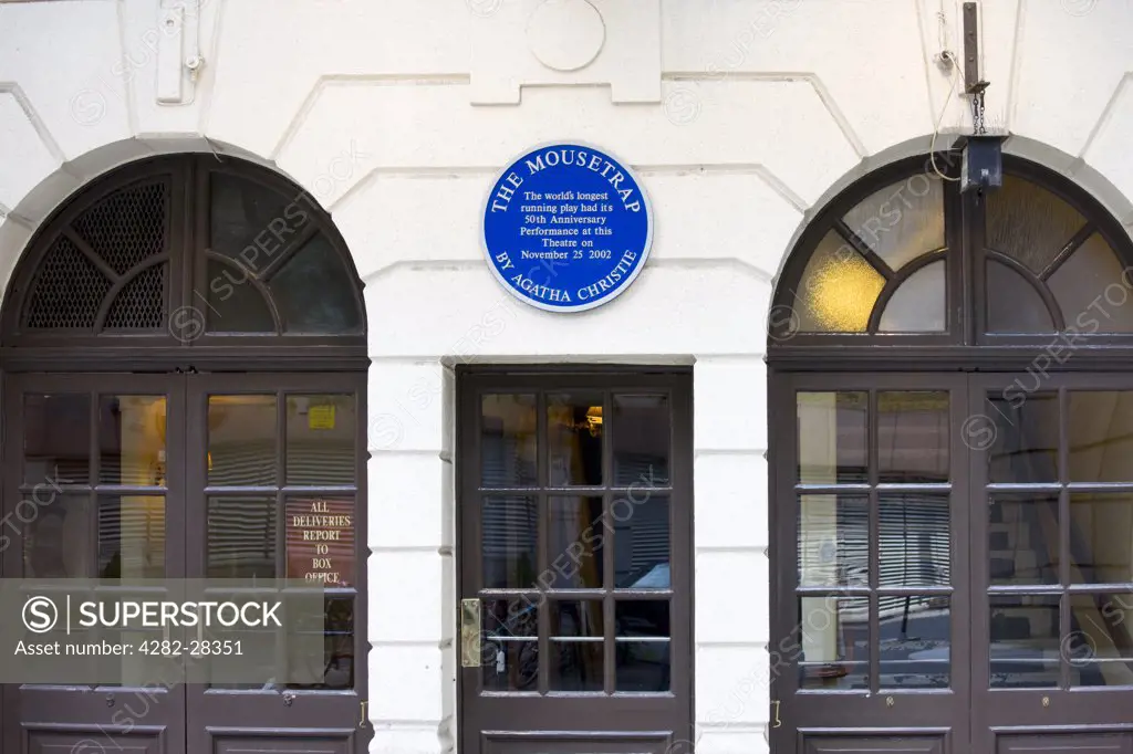 England, London, West End. A blue Plaque on the wall of St Martins Theatre celebrating the Mousetrap's 50th anniversary performance on November 22nd 2002.