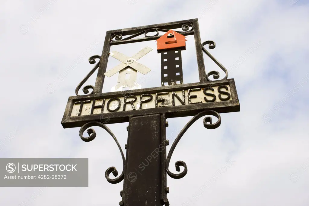 England, Suffolk, Thorpeness. Thorpeness village sign.