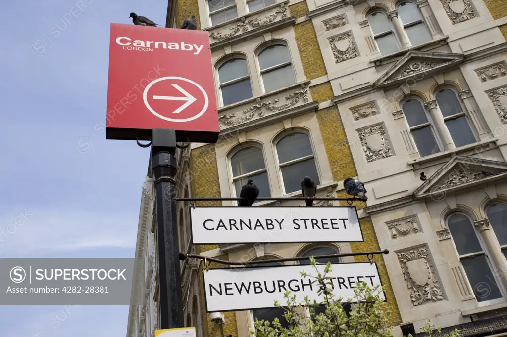 England, London, Great Marlborough Street. Signage on Great Marlborough Street at the junction with Carnaby Street