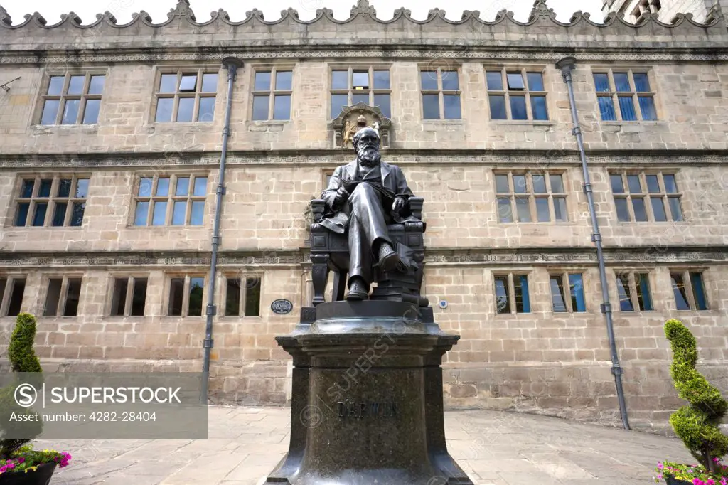 England, Shropshire, Shrewsbury. Charles Darwin Statue, first unveiled in 1897, outside Shrewsbury Library, once Shrewsbury school at which Darwin was a pupil.