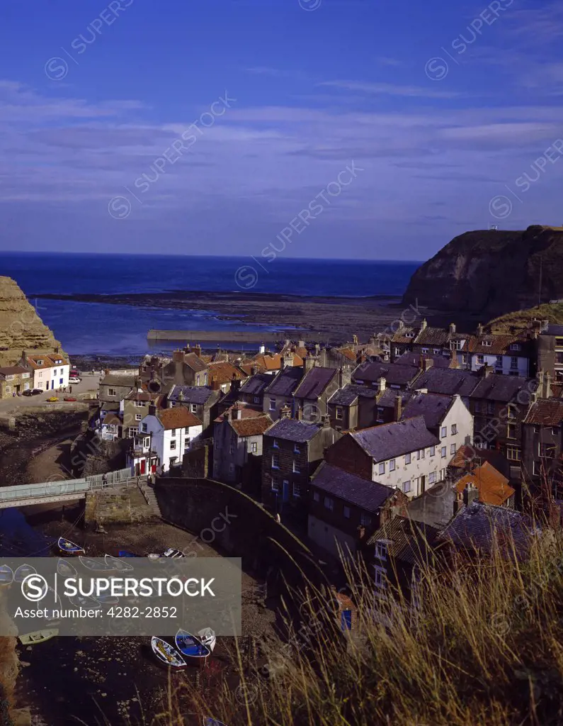 England, North Yorkshire, Staithes. Looking over the town of Staithes.