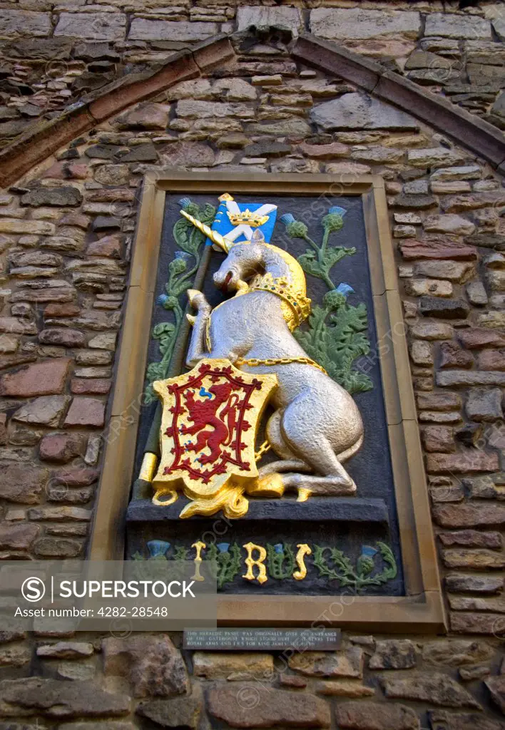 Scotland, Lothian, Edinburgh. Detail of the Royal Arms of King James V at Holyrood Palace.