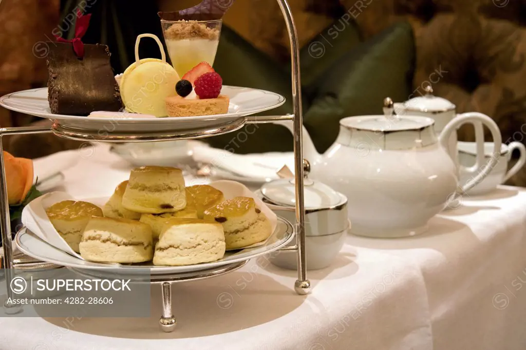 England, London. A selection of cakes and scones for afternoon tea.