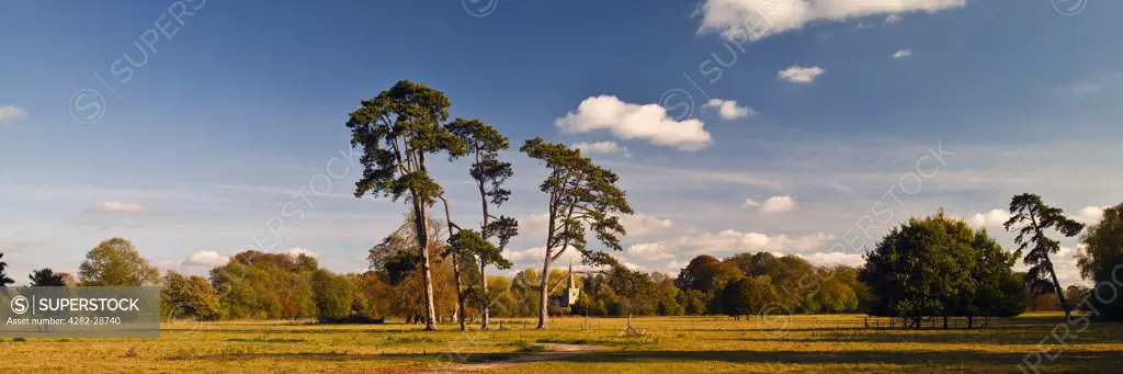 England, Gloucestershire, Down Ampney. Distant view of the spire of All Saints church in Down Ampney.