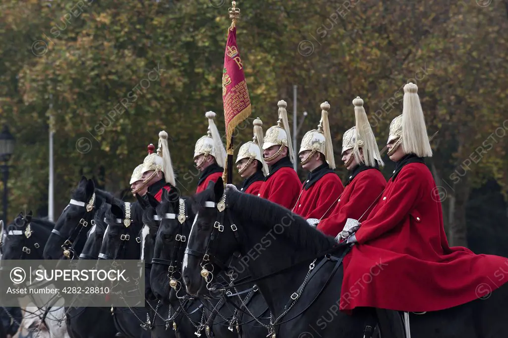 England, London, Horse Guards Parade. Troopers from the Life Guards on parade in Horse Guards.