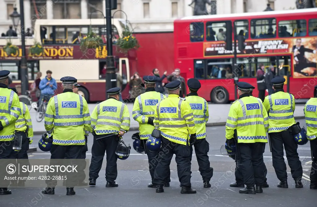 England, London, Trafalgar Square. A cordon of Metropolitan Police Officers on duty in central London.