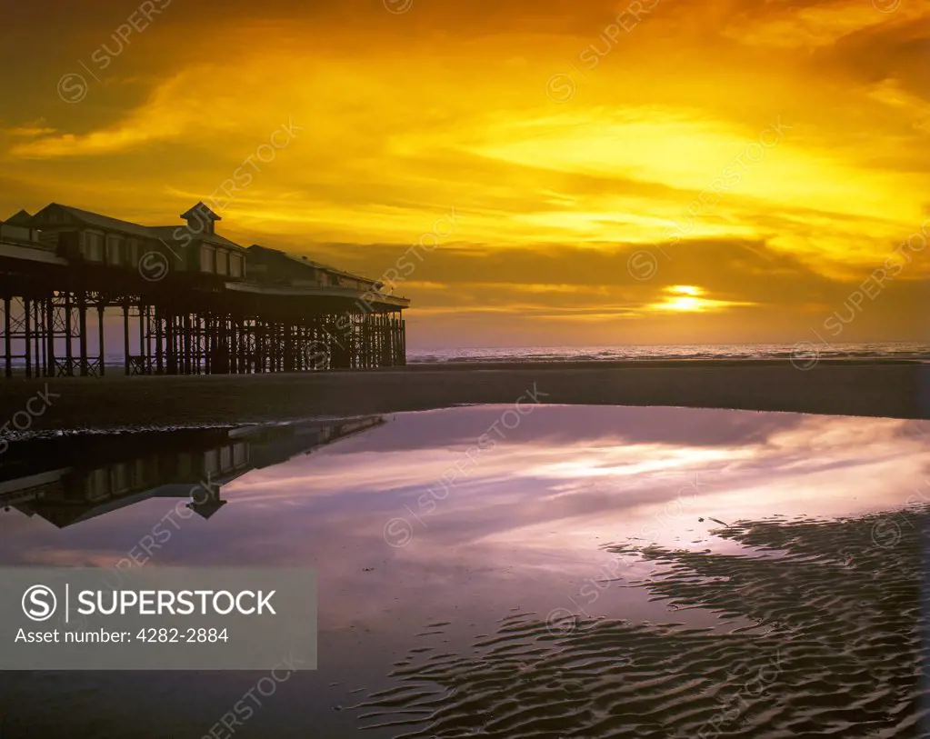 England, Lancashire, Blackpool. Dramatic sunset over Blackpool.