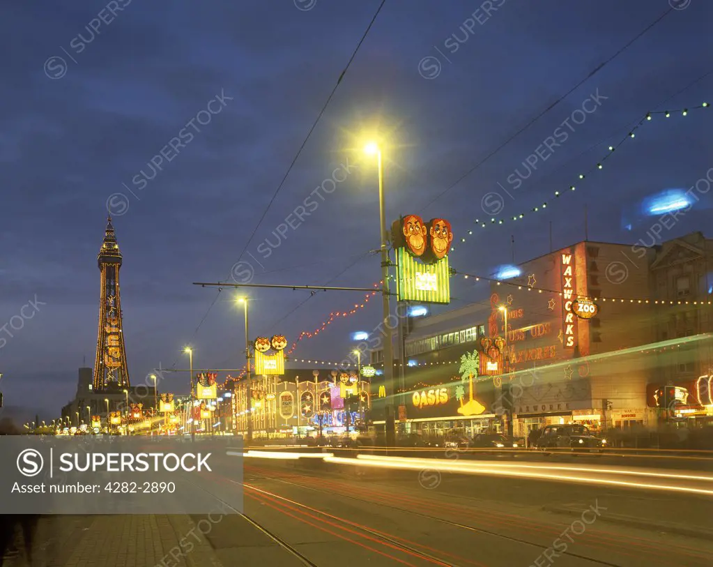 England, Lancashire, Blackpool. Blurred lights on The Golden Mile.