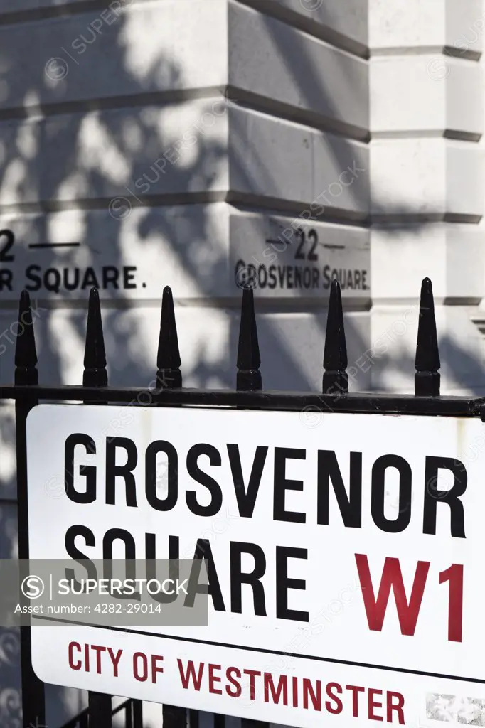 England, London, Mayfair. Grosvenor Square W1 sign in the City of Westminster.