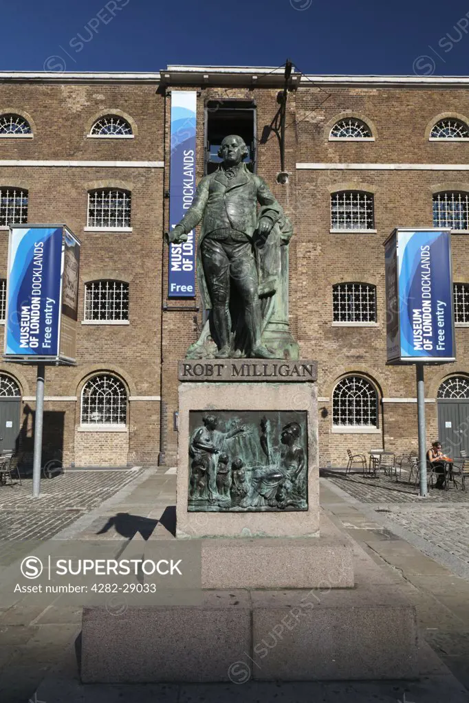 England, London, West India Quay. A statue of Robert Milligan (1746 Äö?Ñ?¨ 1809), a prominent English merchant and ship-owner, the driving force behind the construction of the West India Docks, outside the Museum of London Docklands.
