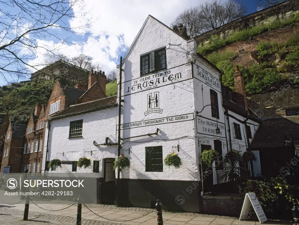 England, Nottinghamshire, Nottingham. Ye Olde Trip to Jerusalem built up against Castle Rock claims to be the oldest inn in England, dating back to 1189 when it was a meeting place for crusaders en route to the Holy Land. This building on the site of the old brewhouse dates from 1760.
