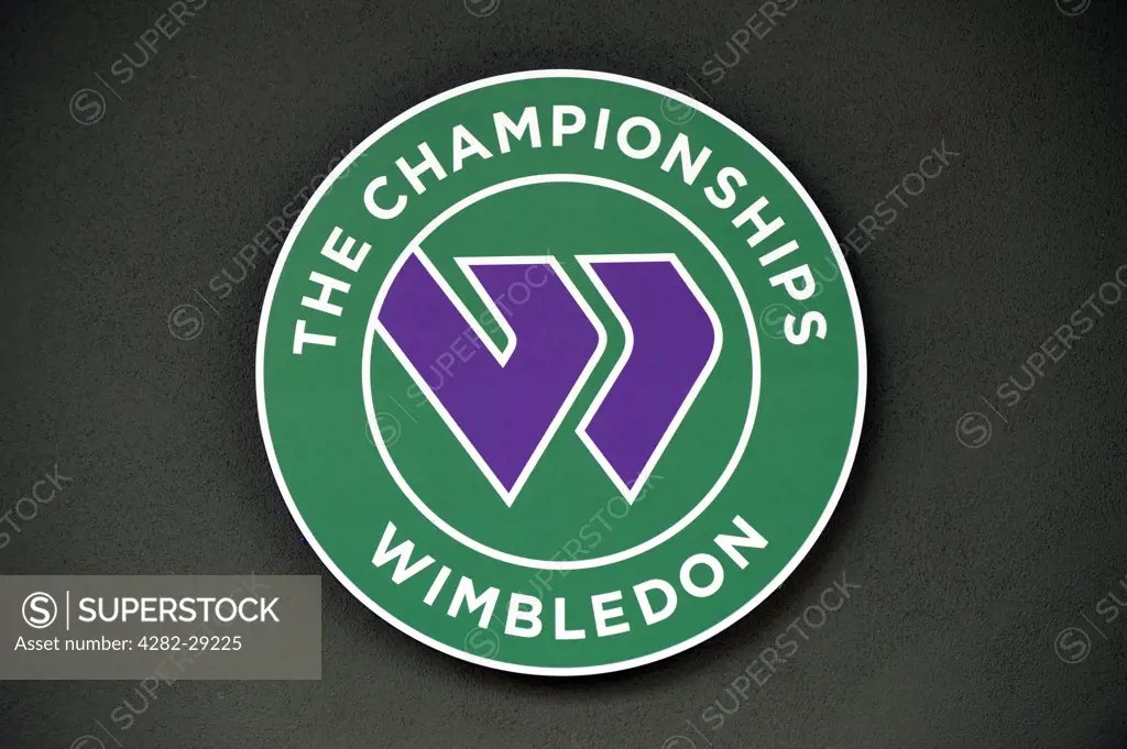 England, London, Wimbledon. Wimbledon logo sign in the grounds during the 2011 Wimbledon Tennis Championships.