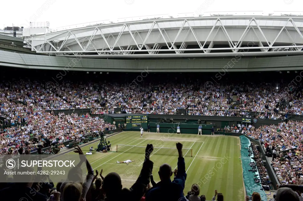 England, London, Wimbledon. Novak Djokovic celebrates on Centre Court having beaten Rafael Nadal in the Men's Singles Final at the 2011 Wimbledon Tennis Championships.