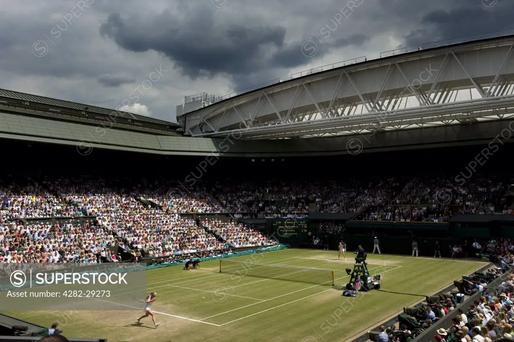England, London, Wimbledon. Action on Centre Court in the Ladies Singles Final between Maria Sharapova and Petra Kvitova at the 2011 Wimbledon Tennis Championships.
