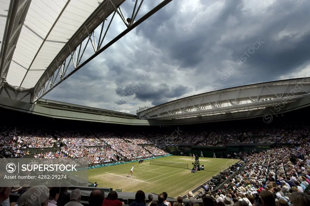 England, London, Wimbledon. Action on Centre Court in the Ladies Singles Final between Maria Sharapova and Petra Kvitova at the 2011 Wimbledon Tennis Championships.
