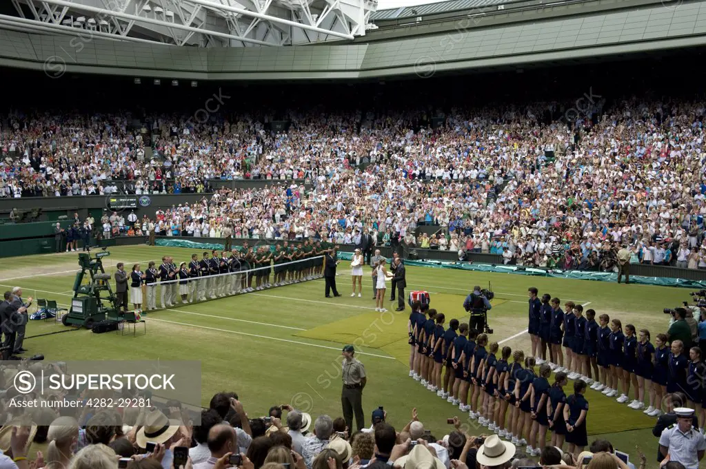 England, London, Wimbledon. The prize presentation for the Ladies' singles final on Centre Court at the 2011 Wimbledon Tennis Championships.