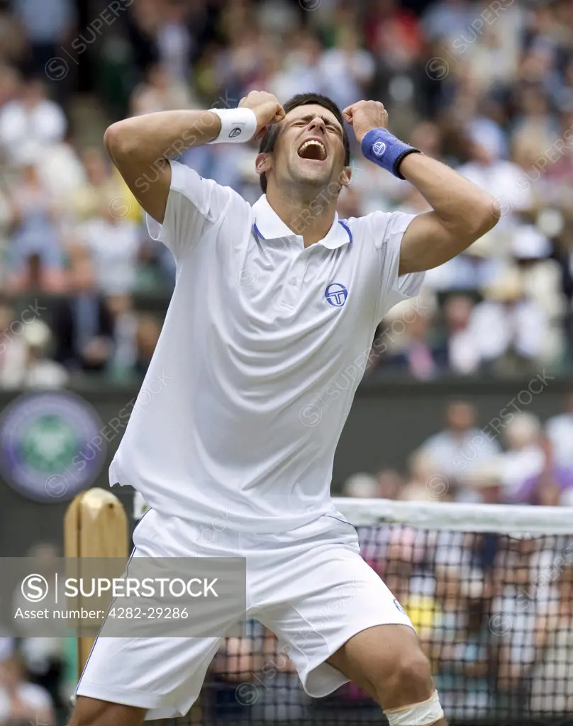 England, London, Wimbledon. Novak Djokovic (SRB) celebrates victory in his semi-final at the Wimbledon Tennis Championships 2011.