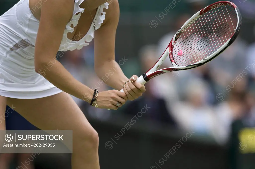 England, London, Wimbledon. Caroline Wozniacki (DEN) ready to receive a serve in a ladies singles match at the 2011 Wimbledon Tennis Championships.