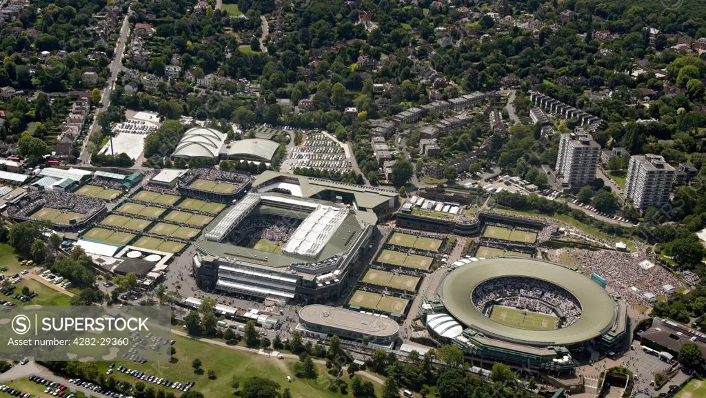 England, London, Wimbledon. Aerial view of the All England Lawn Tennis Club during the 2011 Wimbledon Tennis Championships.