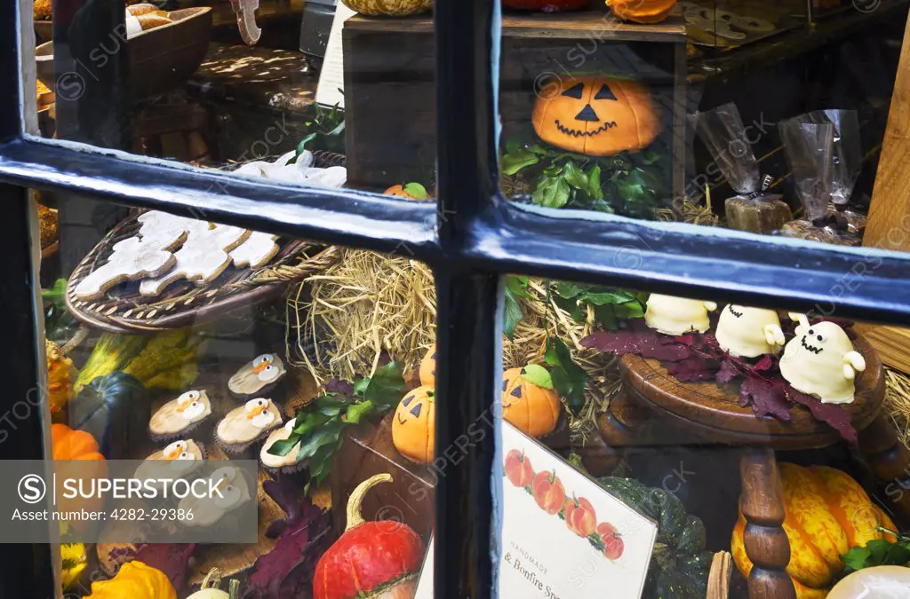 England, North Yorkshire, York. Halloween sweets and treats on display in a shop window.