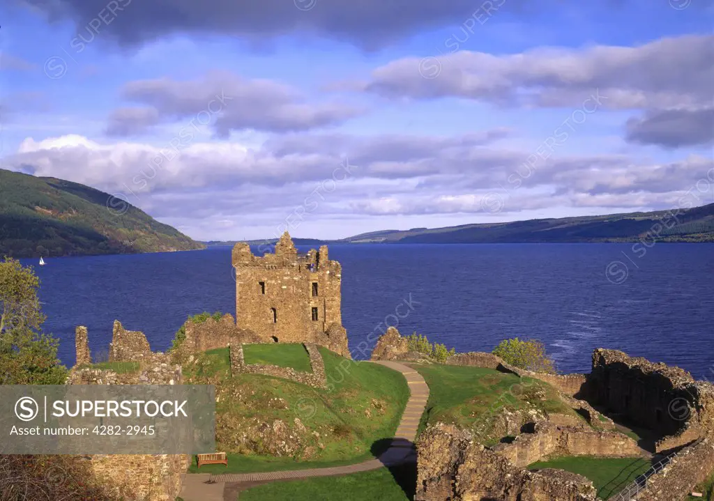 Scotland, Highland, Inverness. A view to Urquhart Castle on Loch Ness.