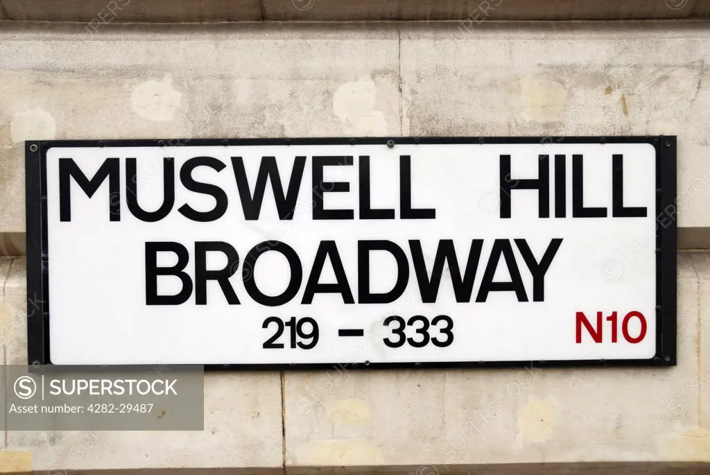 England, London, Muswell Hill. Muswell Hill Broadway N10 street sign.