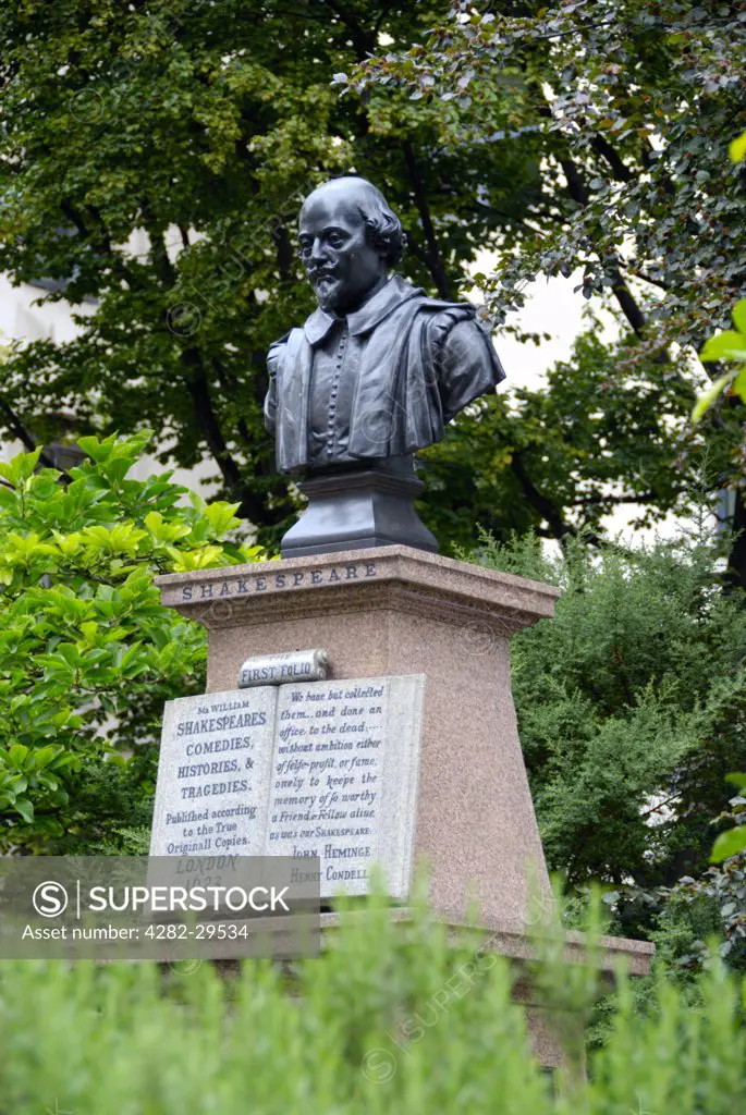 England, London, City of London. Bust of William Shakespeare in St Mary Aldermanbury garden. The bust is a memorial to John Heminge and Henry Condell who printed the first folio of Shakespeare's work.